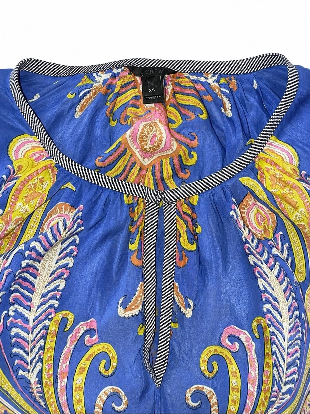 J.Crew 100% Silk Paisley Tunic Blouse Blue Multicolor Striped Trim XS